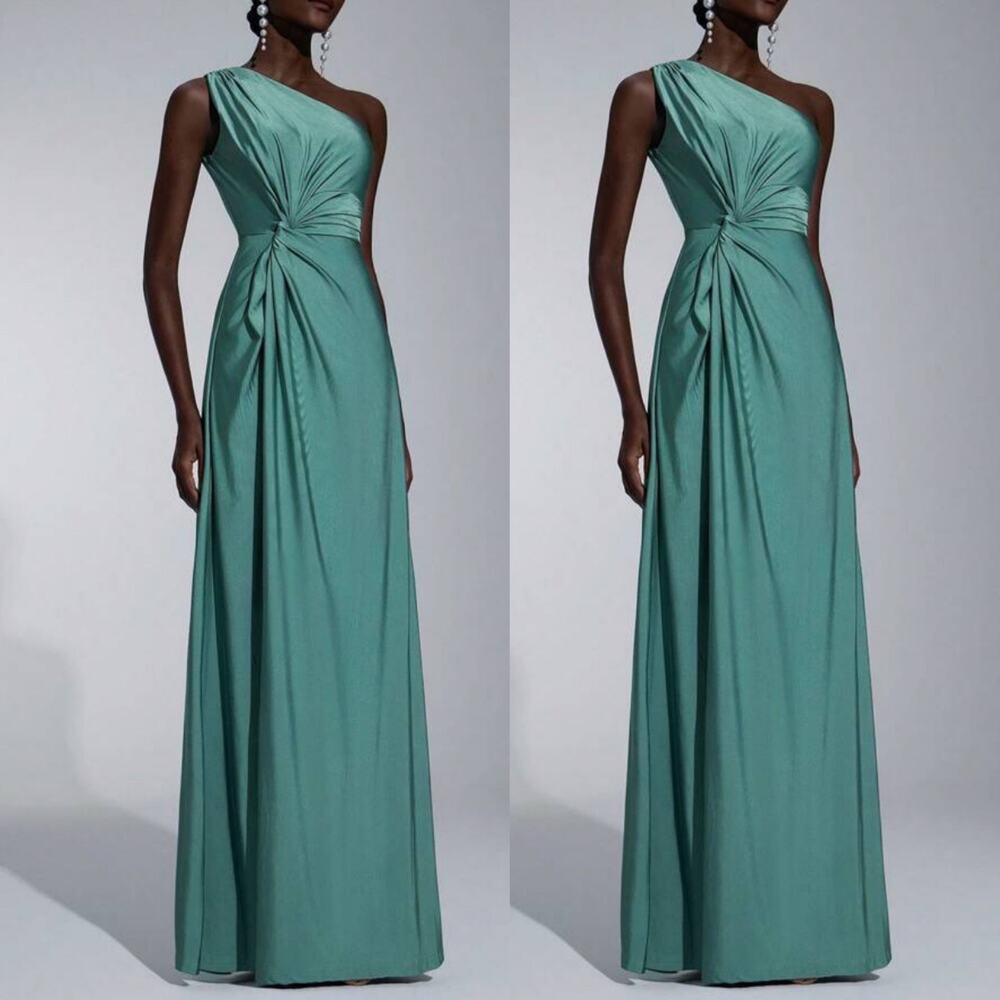 SHEIN Belle Teal Green One Shoulder Ruched Maxi Dress Gown